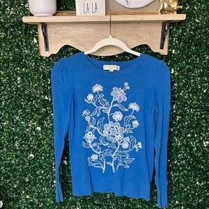Loft Blue Sweater Floral Embroidery